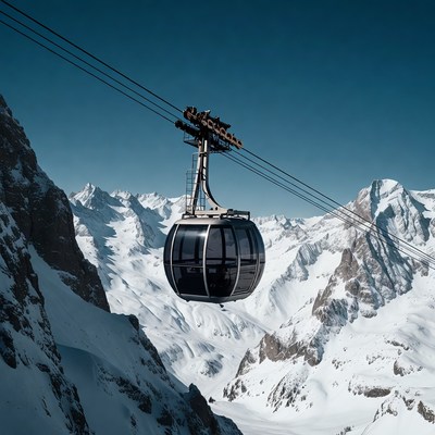 Cable car over snowy mountains