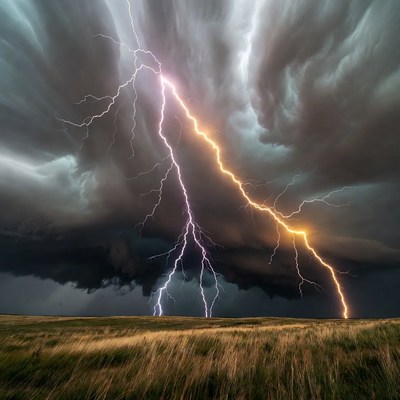 Lightning Storm Over Grass Field