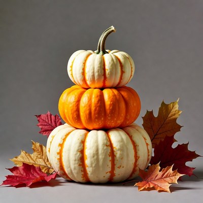 Stacked Pumpkins with Autumn Leaves