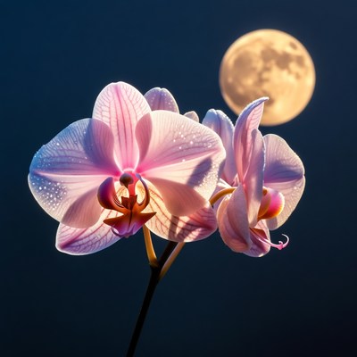 Pink Orchids with Full Moon