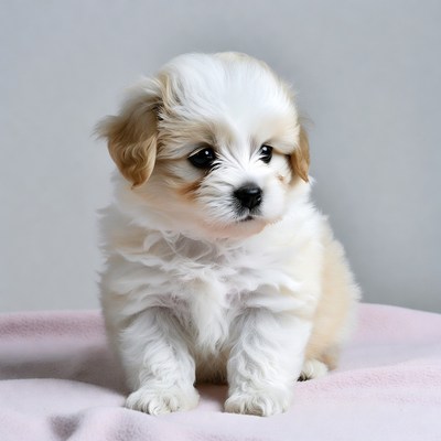 Cute fluffy puppy on pink blanket