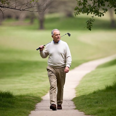 Elderly man walking golf course with club
