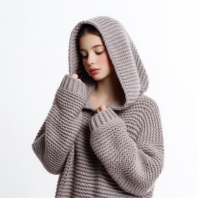 Girl in gray hooded knit sweater