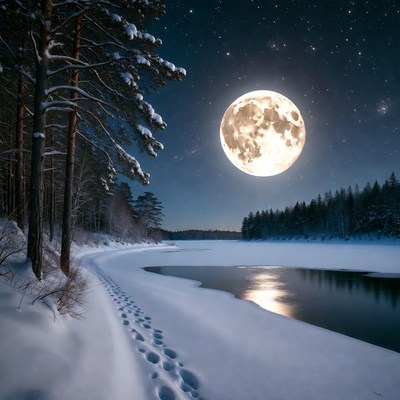 Full Moon Over Snowy Forest Lake