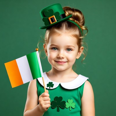 Girl holding Irish flag in leprechaun hat