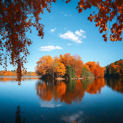 Autumn Island in Lake with Reflections