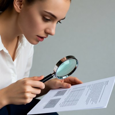 Woman examining document with magnifying glass