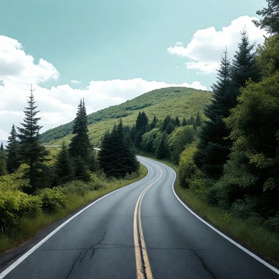 Winding road through green mountain forest