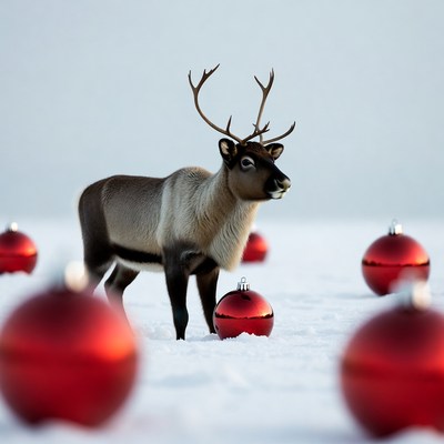 Reindeer with red Christmas ornaments in snow