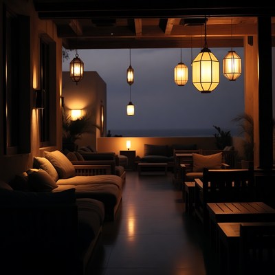 Lit Outdoor Terrace at Night