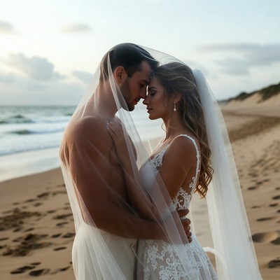 Bride and groom embracing on beach