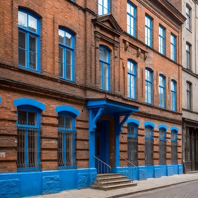 Brick Building with Blue Windows and Door