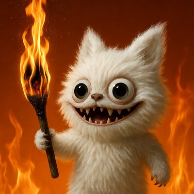 Fluffy white cat holding flaming torch