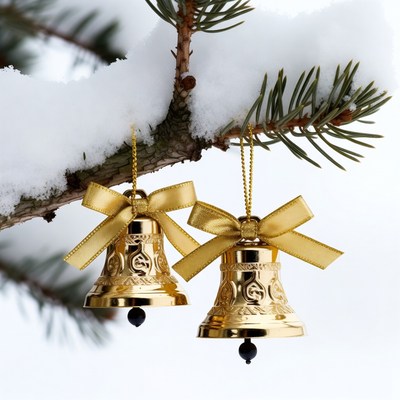 Gold Christmas Bells on Snowy Pine