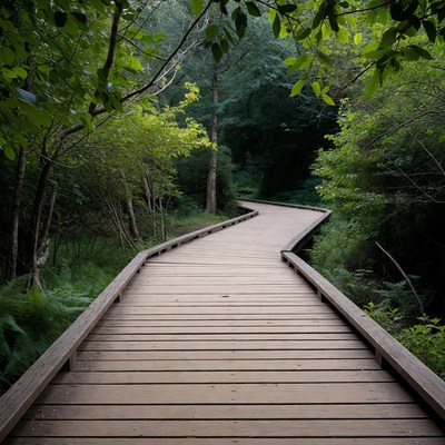 Wooden boardwalk through green forest