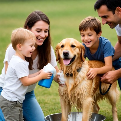 Family washing golden retriever outdoors