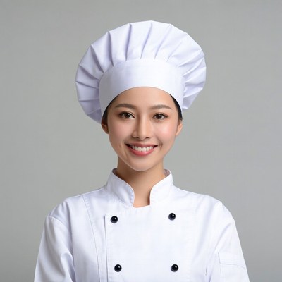 Asian woman chef in white uniform