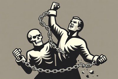 Man Breaking Chains with Skeleton