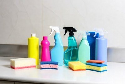 Colorful Cleaning Supplies and Sponges