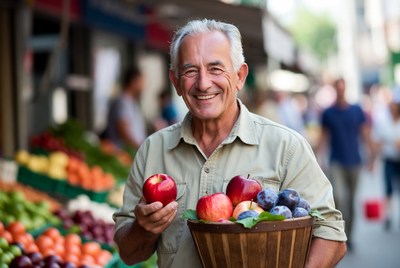 Elderly man holding apples and plums