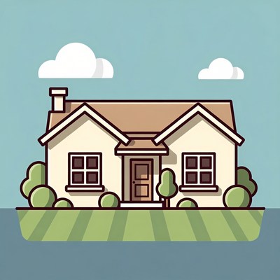 Cartoon House with Lawn and Clouds
