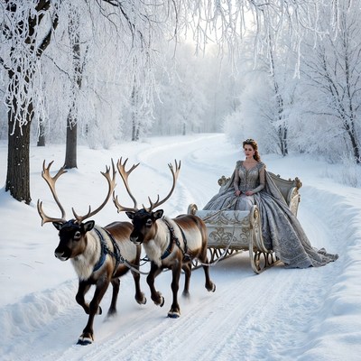 Woman in gown riding reindeer sleigh in snow