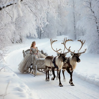 Woman in white gown riding reindeer sleigh