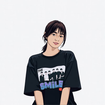 Asian woman smiling in The Smile T-shirt