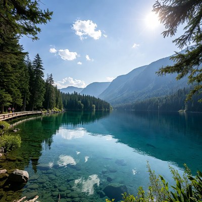 Turquoise Mountain Lake with Wooden Bridge