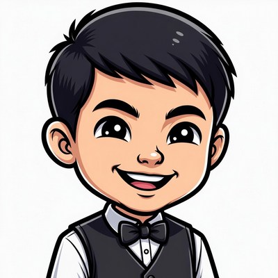 Smiling Asian boy in vest and bowtie