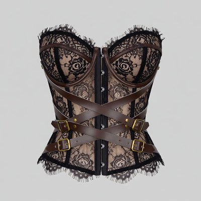 Black Lace Corset with Brown Leather Straps