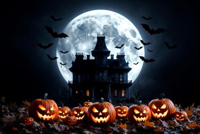 Haunted House with Pumpkins and Bats
