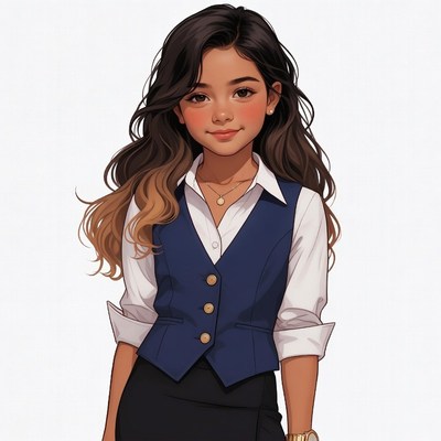 Asian girl in navy vest uniform