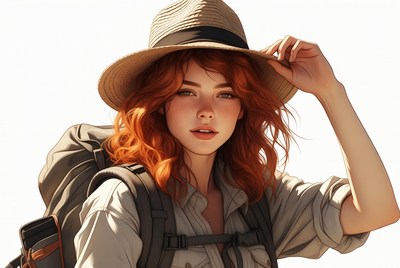 Redhead woman wearing hat and backpack