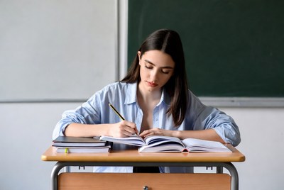 Woman writing at school desk