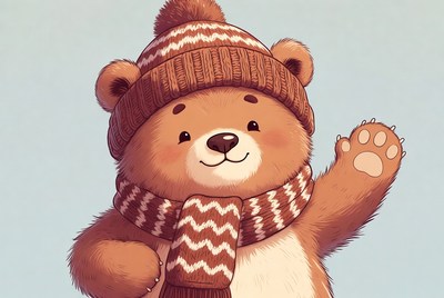 Cute teddy bear waving in winter hat