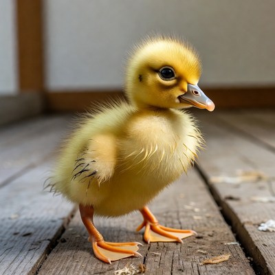 Cute yellow duckling on wooden deck