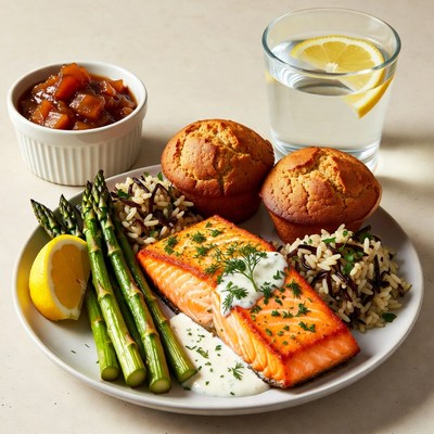 Salmon with Asparagus and Black Rice