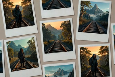 Hiker on mountain railroad tracks collage