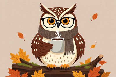Owl drinking coffee with scarf