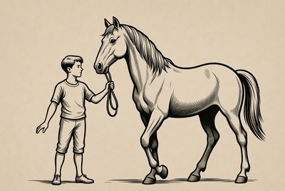 Boy leading horse with rope