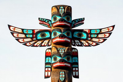 Colorful Totem Pole with Eagle Raven Wolf
