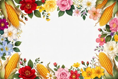 Corn and Flowers Floral Border Illustration