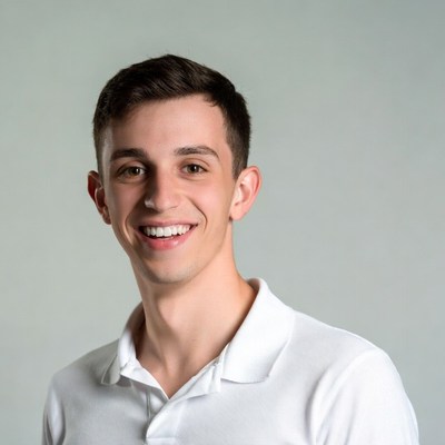 Smiling young man in white polo