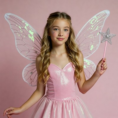 Girl in fairy costume with wings wand