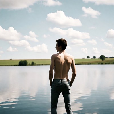 Shirtless man standing by lake