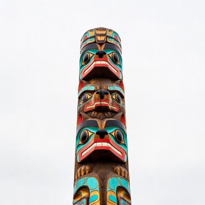 Tall Totem Pole with Animal Faces