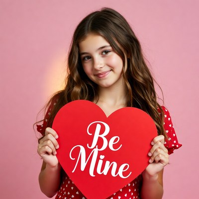 Girl holding Be Mine heart sign