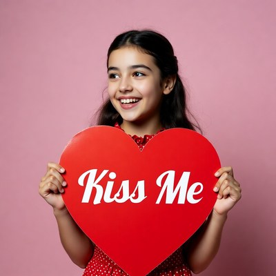 Girl holding Kiss Me heart sign