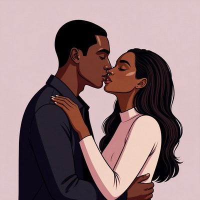 African-American couple kissing passionately